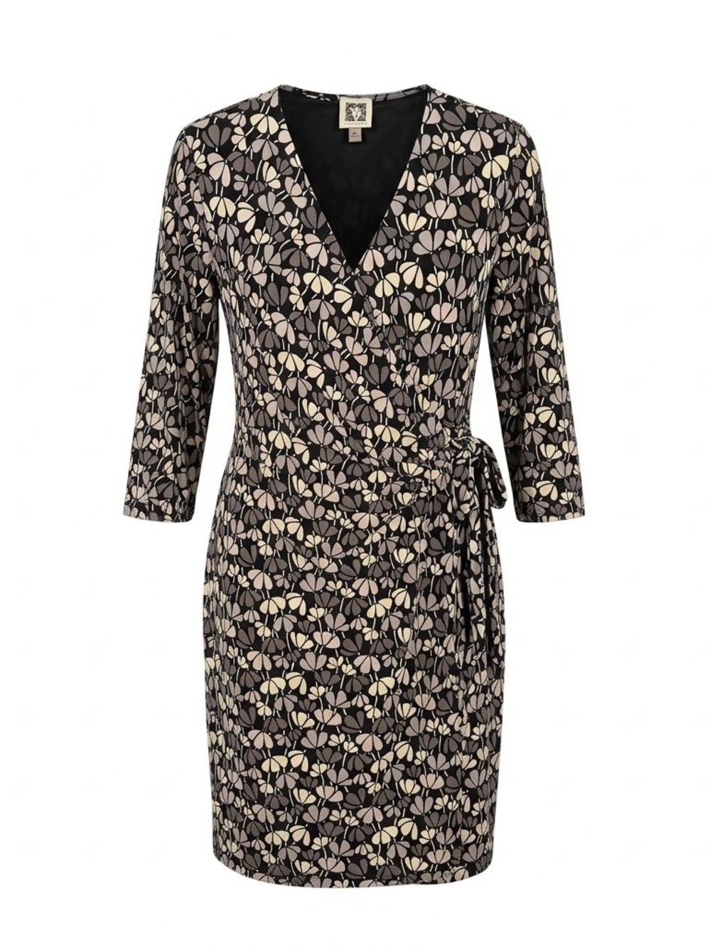Anne Klein Faux Wrap Dress Size XL Geometric Floral V-Neck 3/4 Sleeve